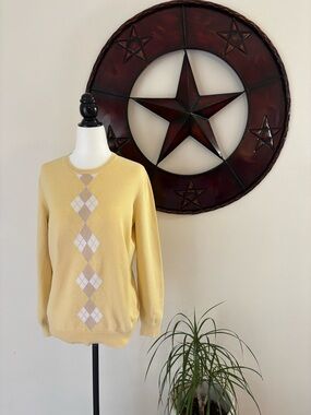 Women’s Izod Vintage Light Butter Cotton Preppy  Argyle Crewneck Sweater Sz L